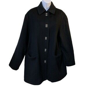 Anne Klein II Women's Trench Coat Size 14 Black 100% Wool Lined Pockets Buttons